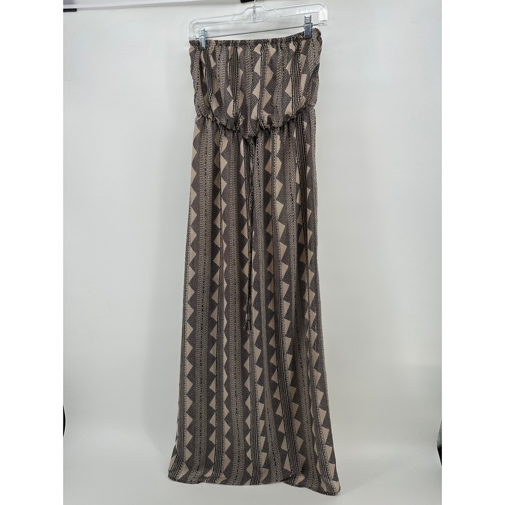 Poetry Clothing Womens XL Strapless Geometric Tribal Print Maxi Dress Tan Black